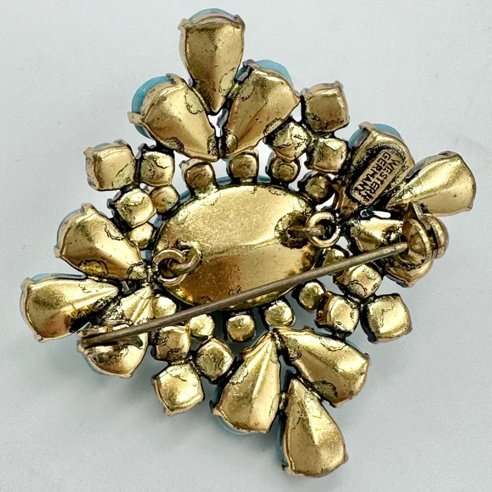 Western Germany Signed Vintage Blue Hubbell Glass Brooch Pin